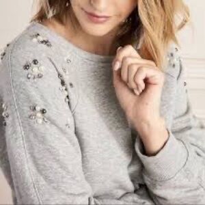 Stella & Dot Embellished Gray Sweatshirt Sz.S Rushed LS Faux Pearl Grommets